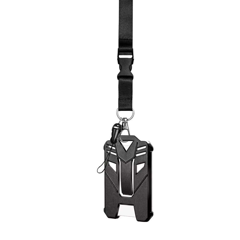 Porte-badge robuste noir avec cordon réglable, clip ceinture et mousqueton rétractable – Accessoires