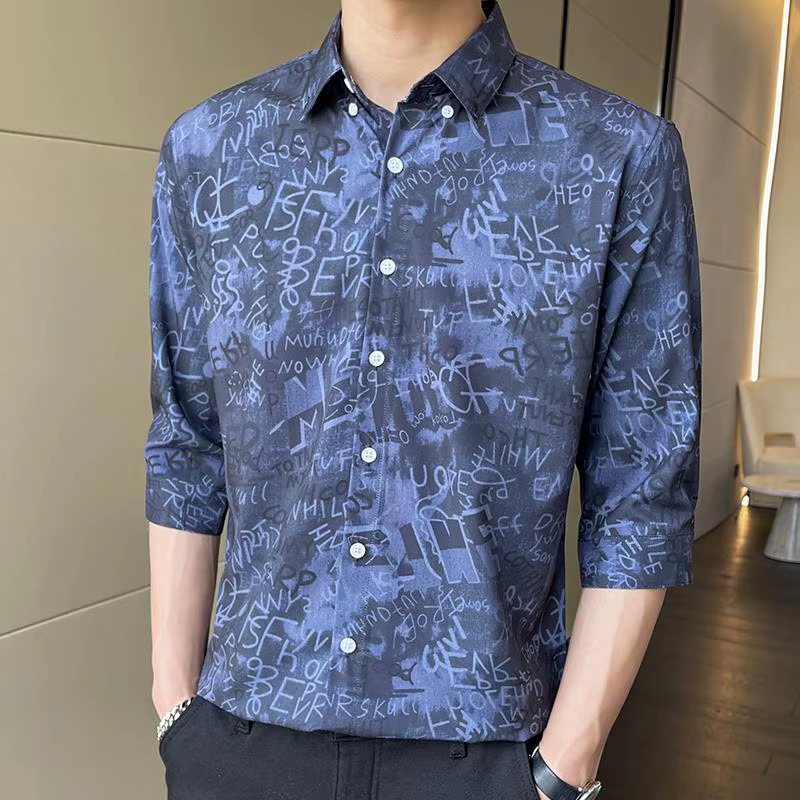 Chemise élégante à manches 3/4 pour hommes, lettre anglaise imprimée, col rabattu décontracté, mode 