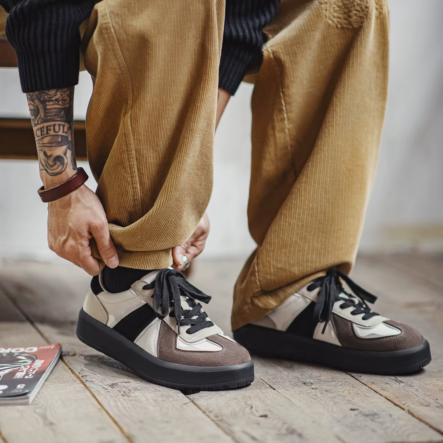 Maden hommes rétro armée allemande formateurs chaussures semelle épaisse baskets à lacets bas décont