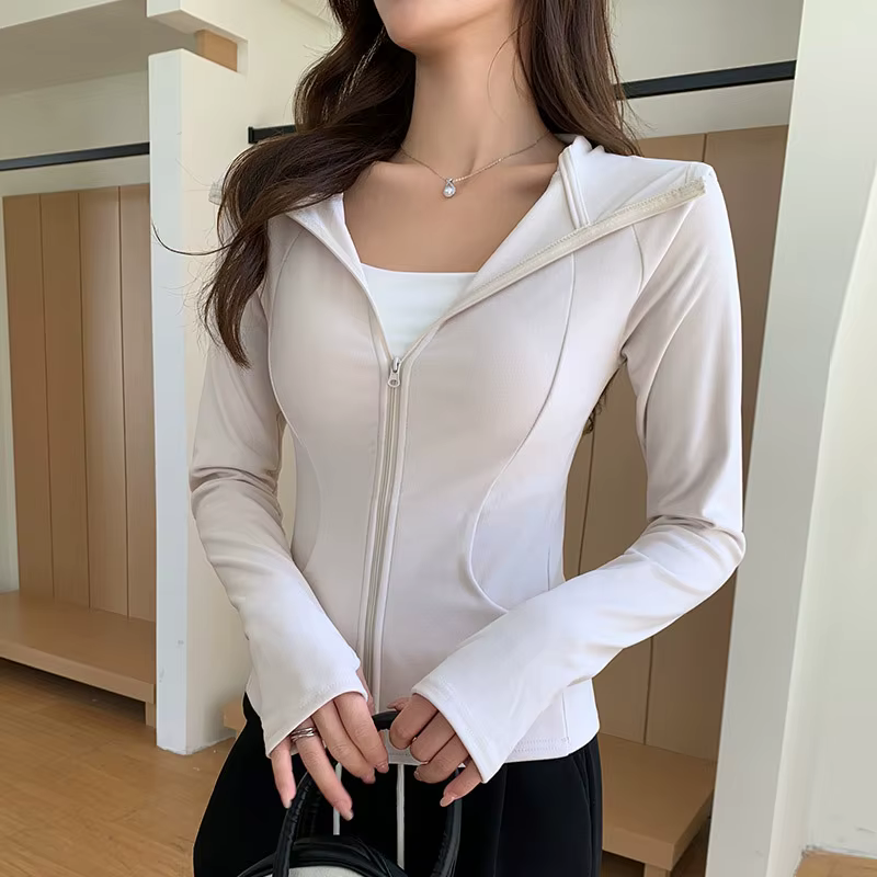 Sweat-shirt à capuche pour femmes, Cardigan court de sport, Yoga, taille fine, fermeture éclair, nou