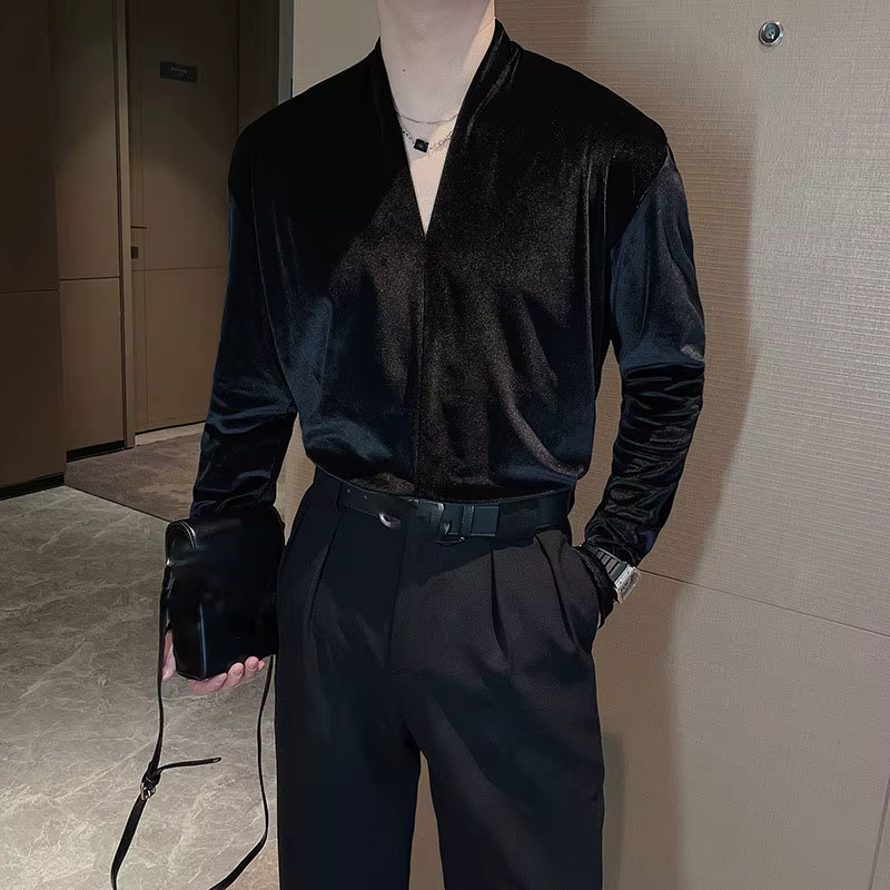 Chemise en velours rétro pour hommes, haut polyvalent, streetwear, manches longues, col en V, léger,