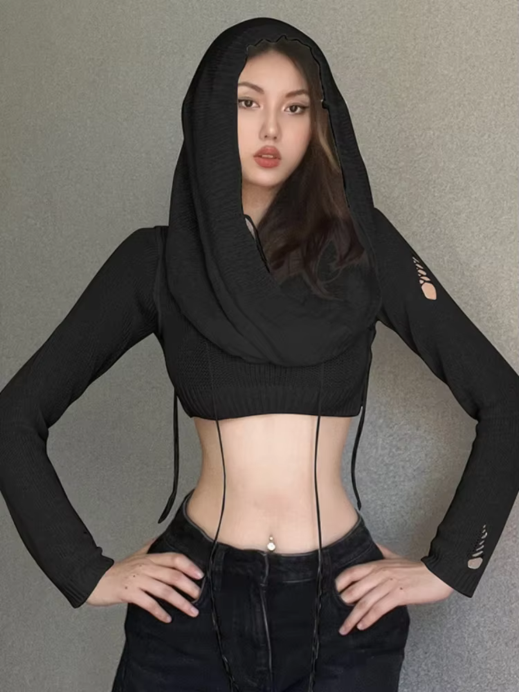Haut court à capuche pour femmes, vêtements grunge, t-shirt super court, manches longues, accessoire