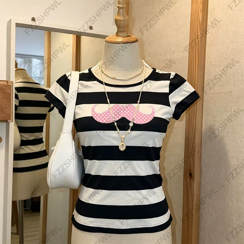 T-shirt rayé noir et blanc pour femme, imprimé moustache à pois roses, coupe ajustée, manches courte