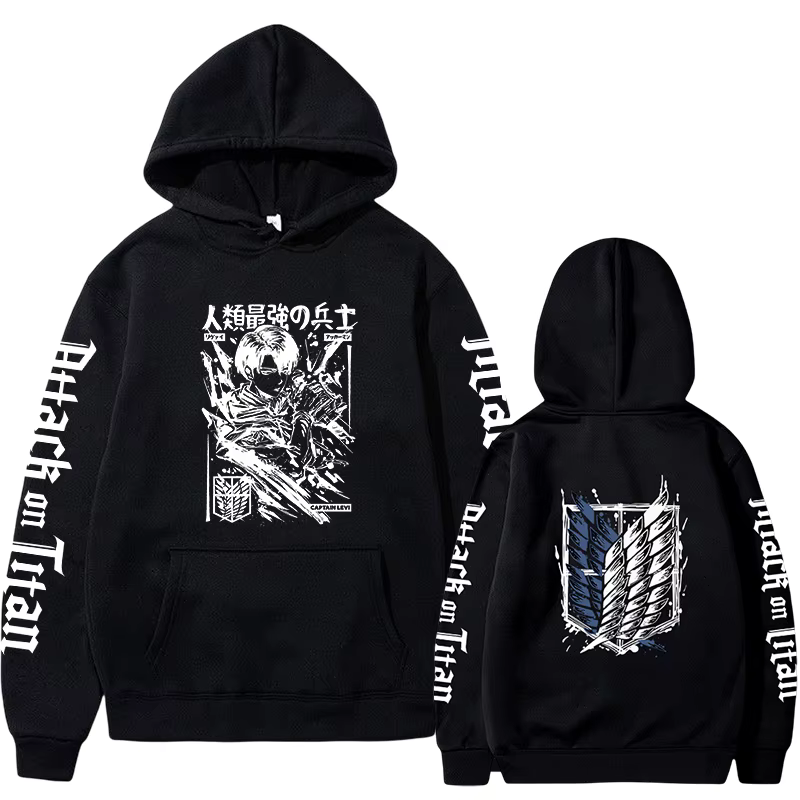 Sweat à capuche imprimé graphique Attack on Titan Anime, pulls PVD Levi Ackerman, Streetwear Hip Hop