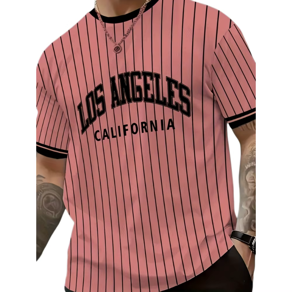 T-shirt pour homme, imprimé Los Angeles, rayé, style décontracté, vintage, sportif, col rond, manche