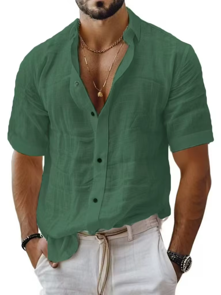 Chemise à manches courtes pour homme en lin gris texturé, boutonnée, coupe ample, respirante, décont