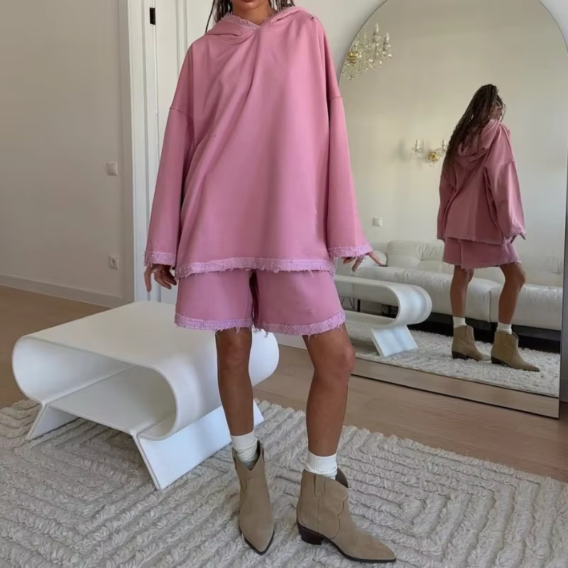 Sweat-shirt à capuche rétro avec bords bruts, ensemble deux pièces polyvalent Hip-hop pour femmes