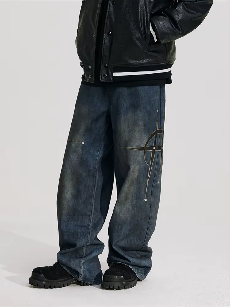 2025 Trashy Y2K Streetwear Pu cuir broderie Baggy empilé jean pantalon hommes vêtements lavé bleu dr