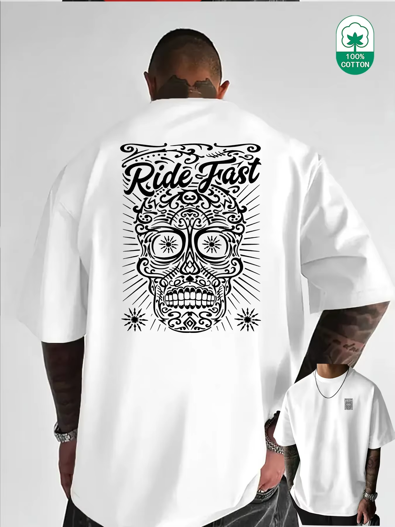 T-shirt Homme Oversize à Motif Crâne 100% Coton Grande Taille Style Urbain Rétro Tatouage Décontract