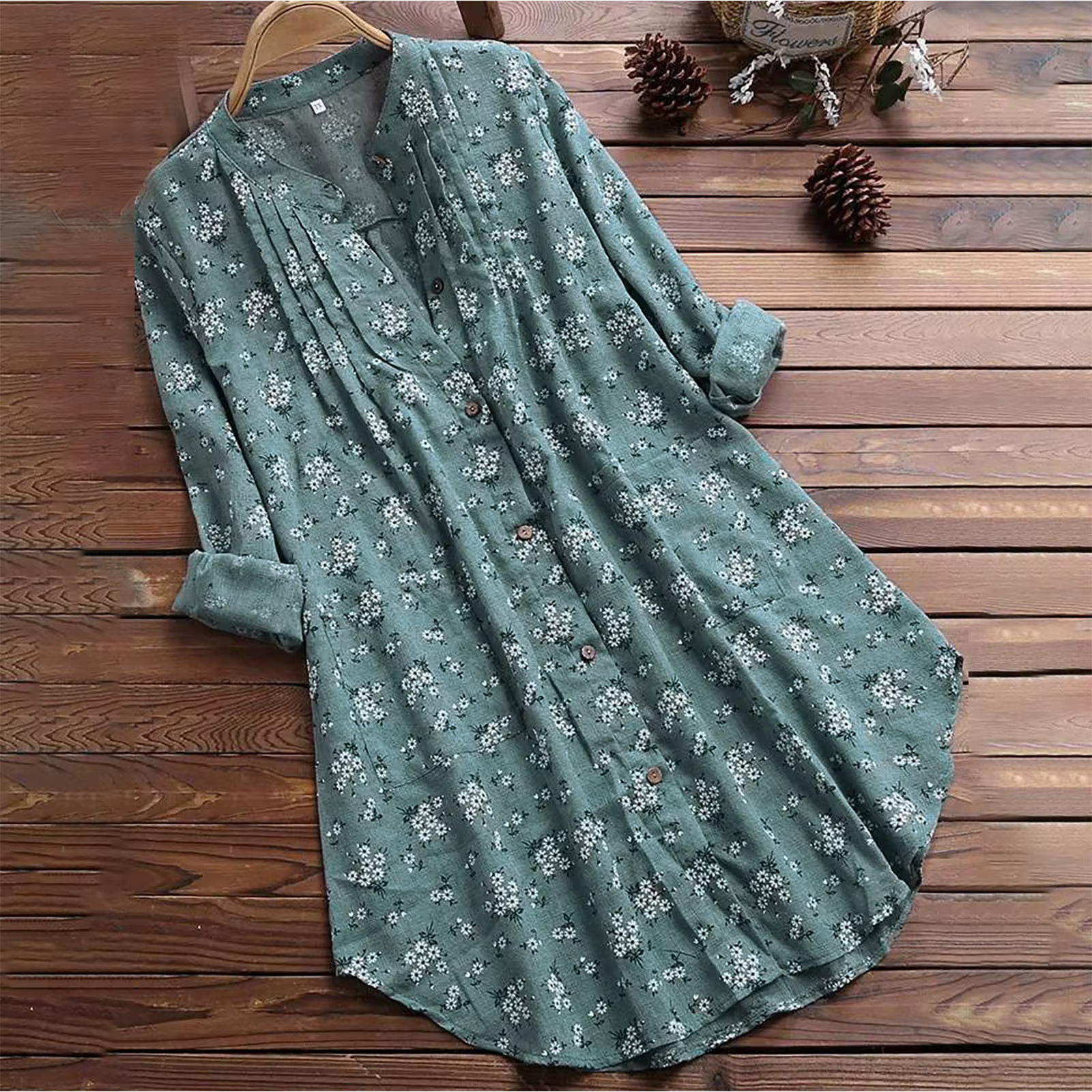Chemises en coton et lin pour femmes, hauts et chemisiers à imprimé Floral, manches longues, coupe a