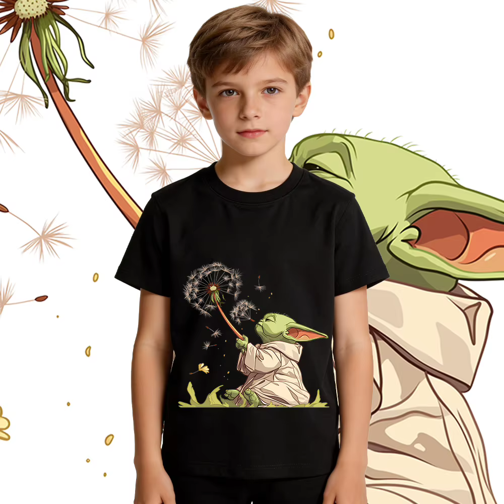 T-shirt imprimé Baby Yoda pour garçons, haut décontracté pour enfants, vêtements d'été en coton doux