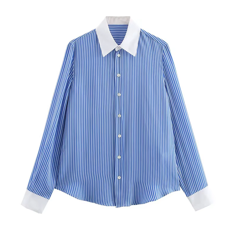 Chemises à rayures bleues pour femmes, chemisiers à revers en Patchwork à simple boutonnage, à manch