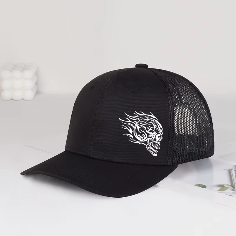 Casquette de camionneur à imprimé tête de mort flamboyante, maille respirante, douce et confortable,