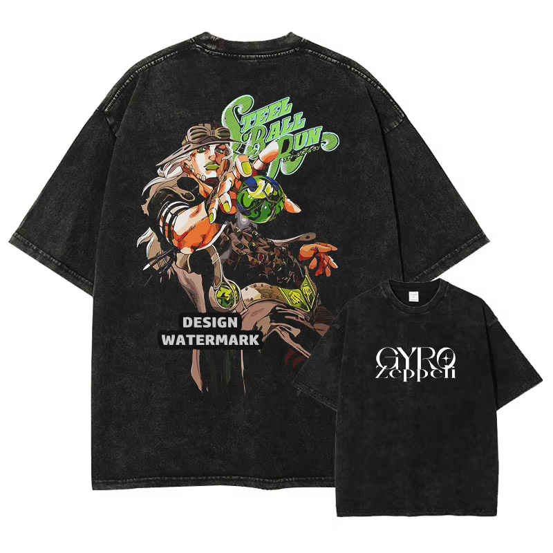 T-shirt Bandai JOJO Vintage Lavé S-Steel Ball Run T-shirts Oversize Zeppeli Gyro Manches Courtes Joe