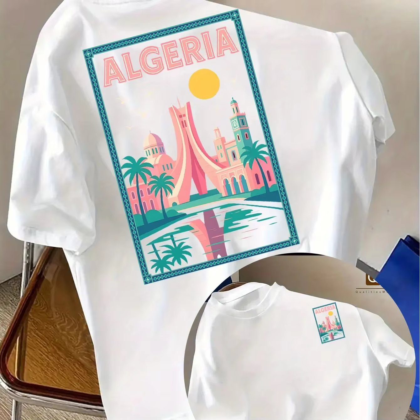 T-shirt Homme 100% Coton Algérie 2026 – Imprimé Rétro Paysage Urbain Nord-Africain – Streetwear Déco