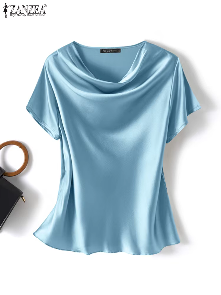 ZANZEA été élégant à manches courtes Satin Blouse femmes mode solide OL Chemise de travail femme déc