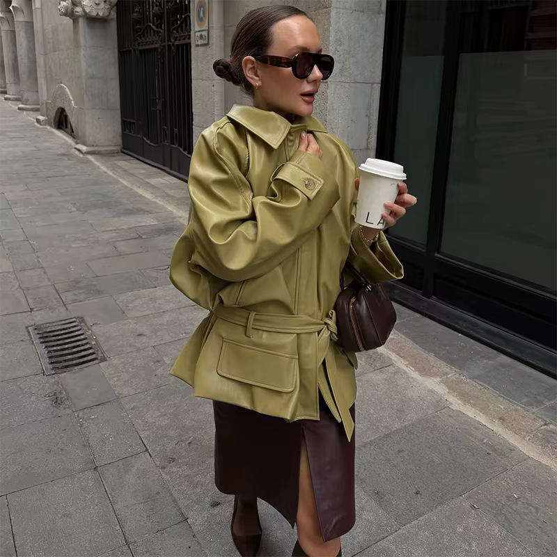 Veste surdimensionnée en cuir PU vert Olive pour femme, col montant, ceinture auto-cravate, poches, 