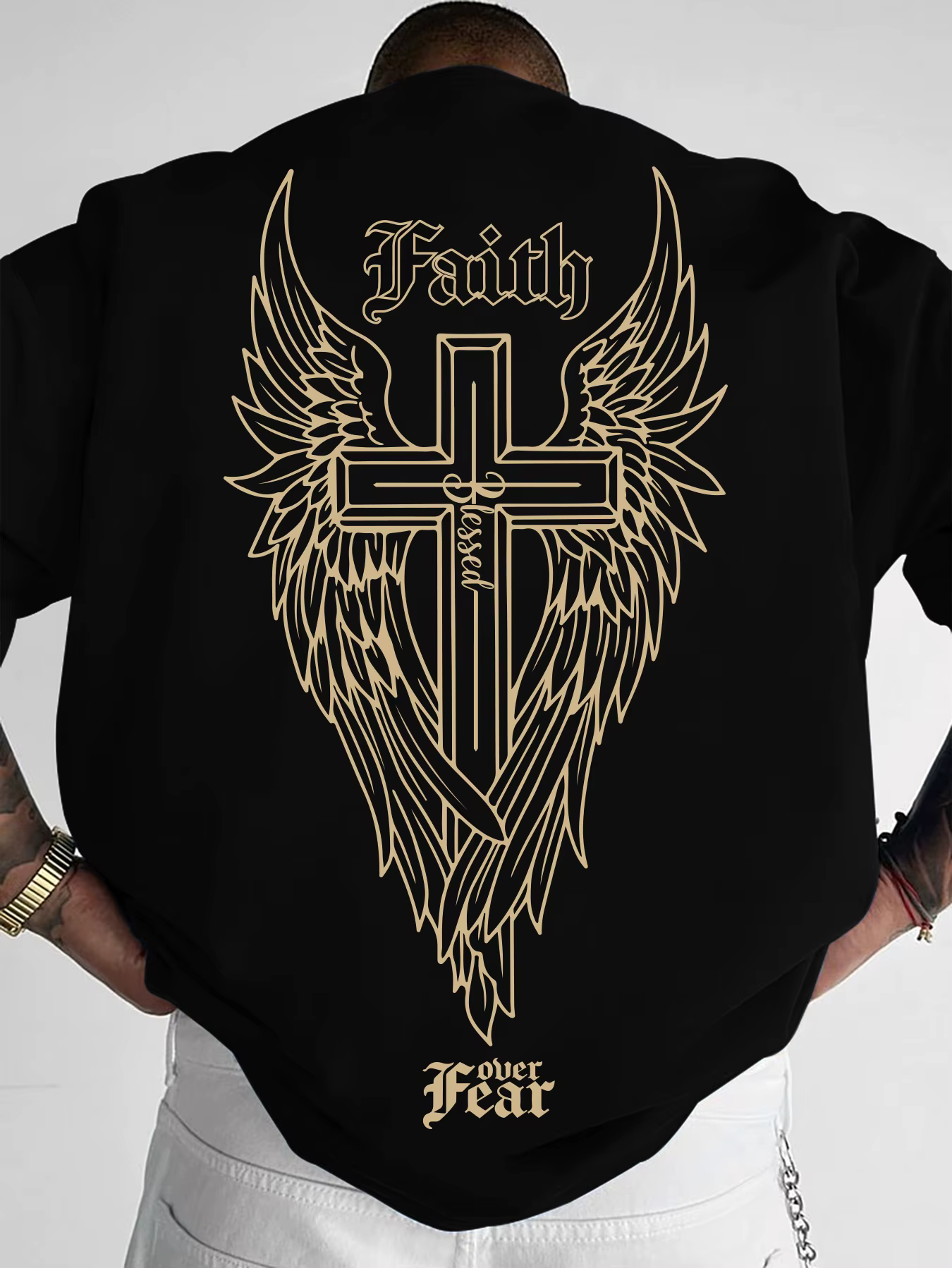 T-shirt pour homme en coton 100% avec imprimé tendance ailes de style croix d'ange américain, idéal 