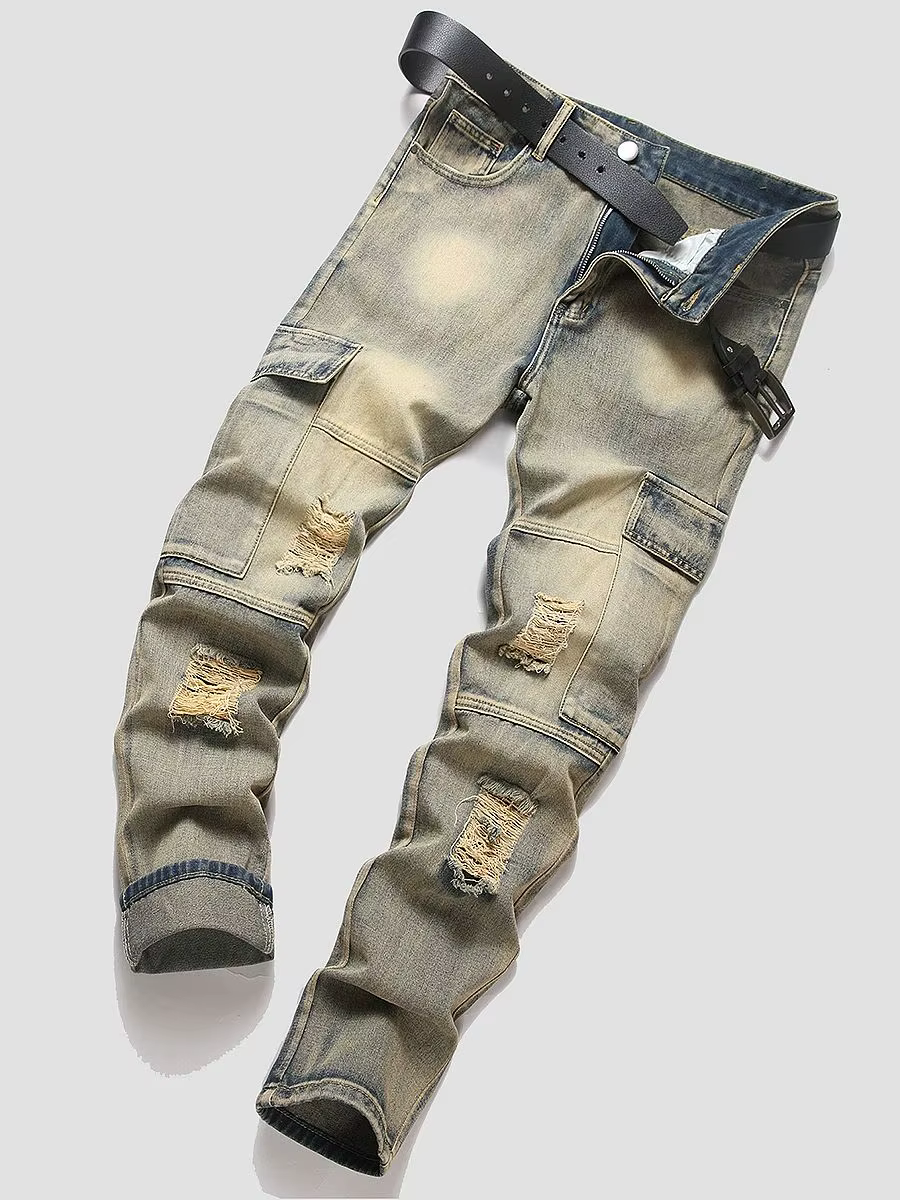 Jeans non extensibles pour hommes, vêtements de travail à jambes droites, style de rue tendance.
