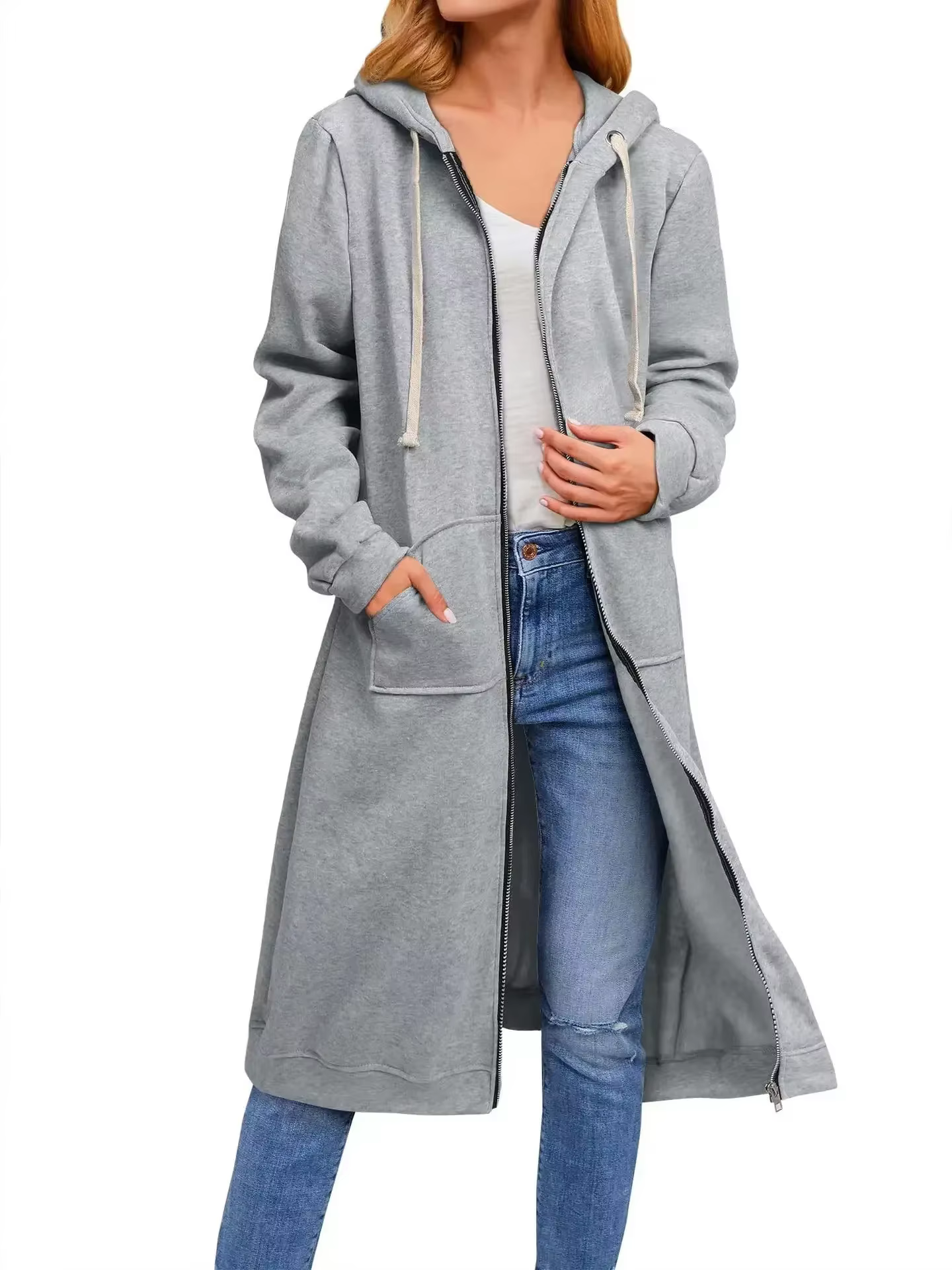 Sweats à capuche zippés pour femmes avec poches, sweat-shirt long, sweats à capuche confortables, mo