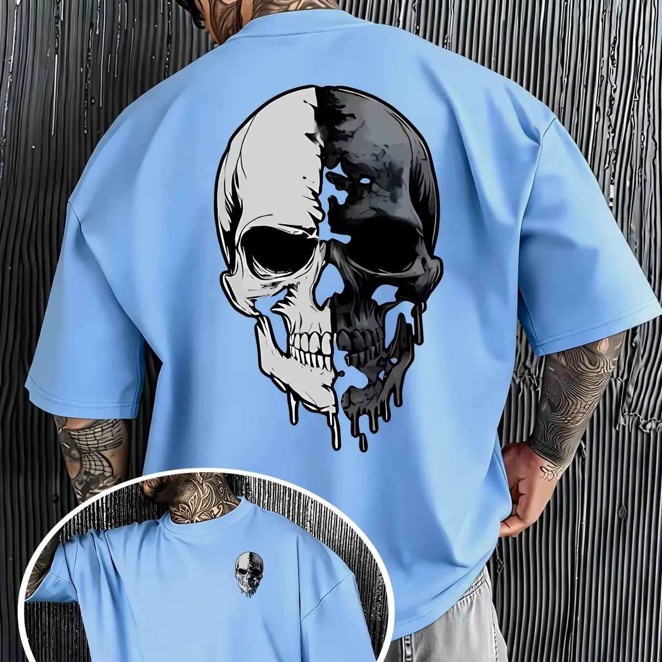 T-shirt pour homme 100% coton, imprimé crâne noir et blanc, style décontracté, style streetwear, col
