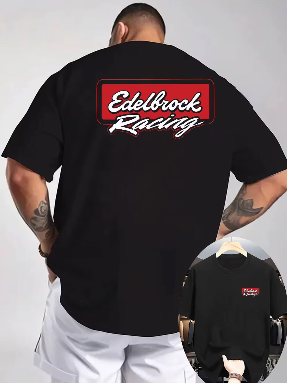 T-shirt graphique Edelbrock Racing pour homme, gris clair, imprimé devant et derrière, sweat-shirt p