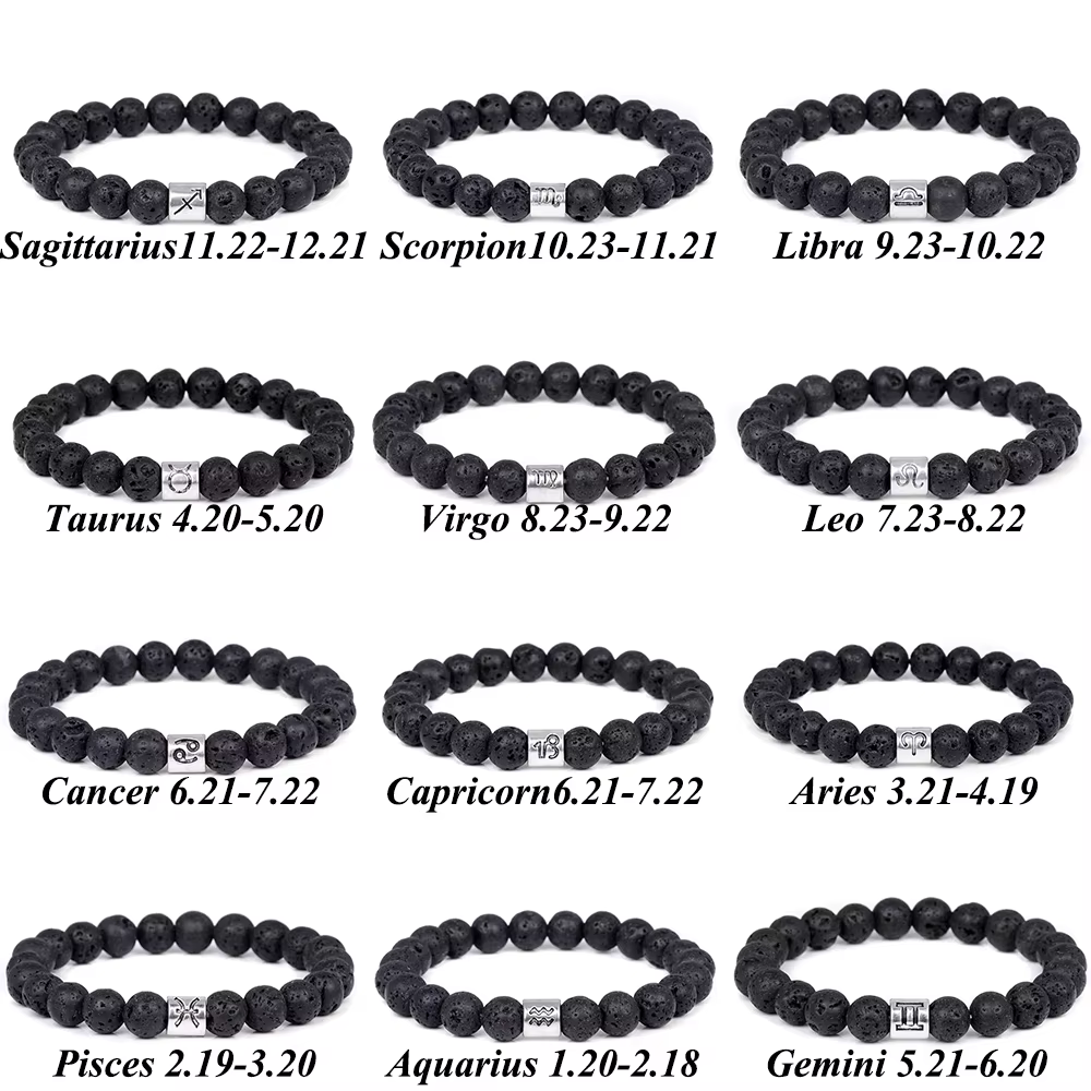 Bracelet signe du zodiaque 12 Constellations, verre noir, perle de pierre d'oeil de tigre de lave, b