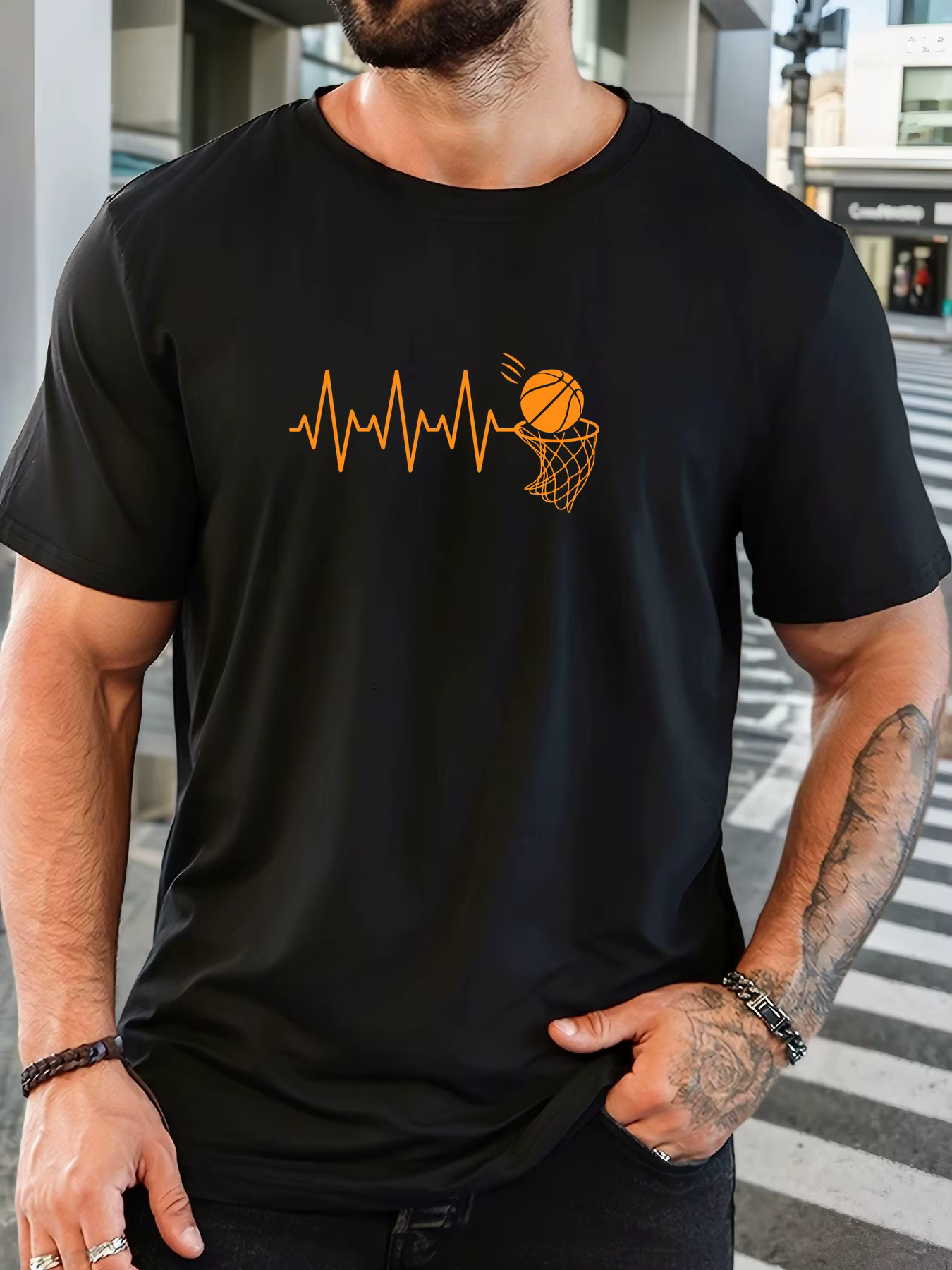 T-Shirt homme 2025 nouveauté sport basket-ball graphique battement de coeur ligne & cerceau imprimé 