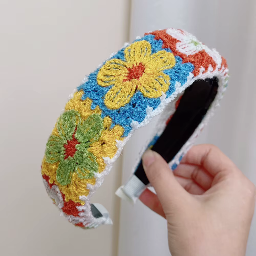 Bandeau tricoté Style bohème larges fleurs cerceau de cheveux bandeau élastique antidérapant bandeau