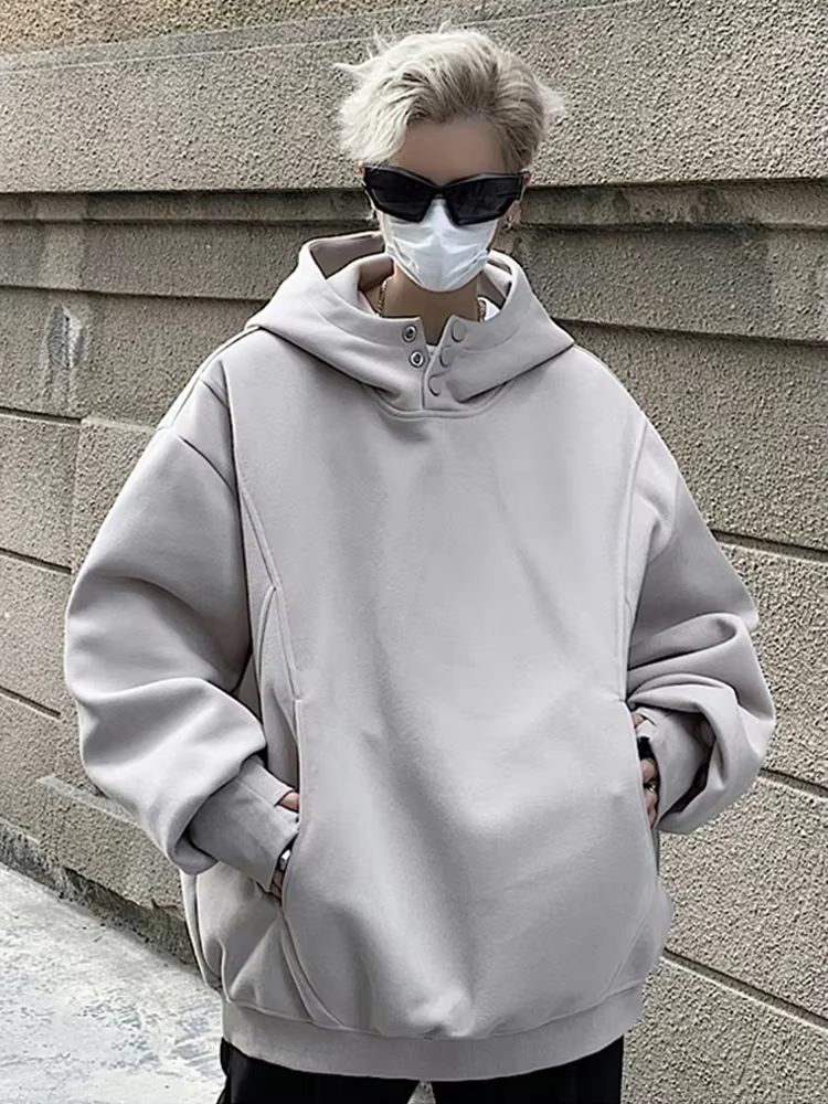 Sweat-shirt à capuche rétro pour hommes, col boutonné, polaire, Vintage, Hip Hop, mode Streetwear, a