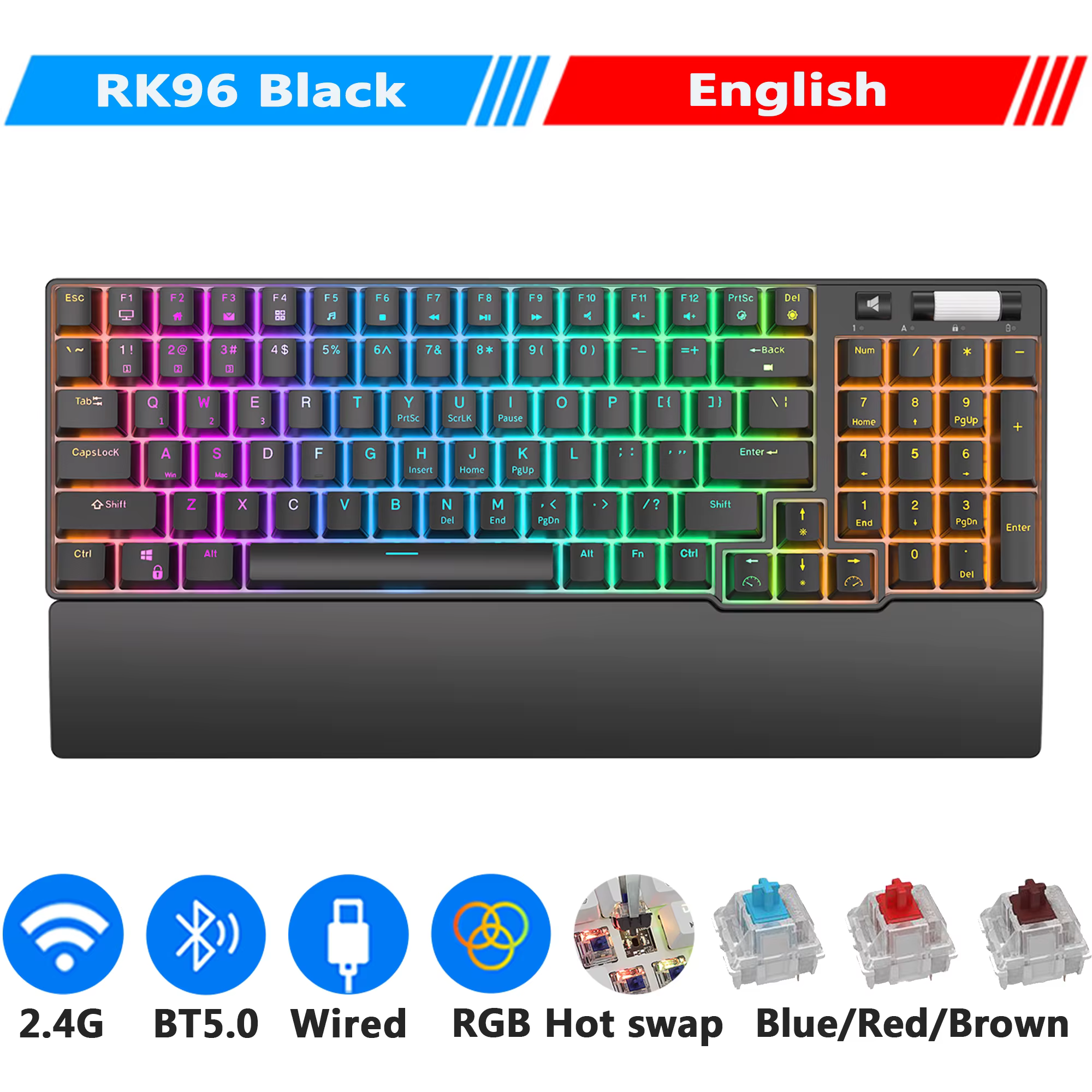 Clavier mécanique sans fil Bluetooth RK ROYAL KLUDGE RK96, 96 touches, RGB, tri-mode BT5.0/2.4G/USB,