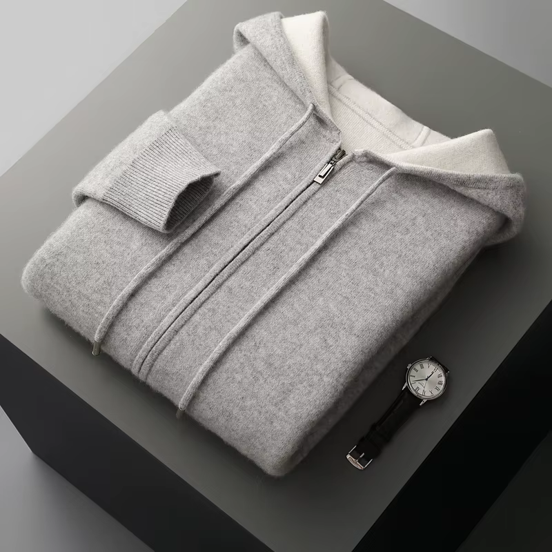 Pull en cachemire à capuche pour hommes, manteau rembourré, 100% laine Pure tricotée, Cardigan à fer