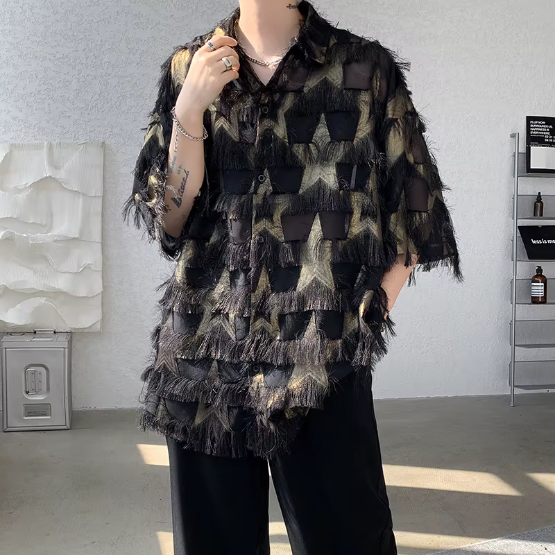 Chemise à pampilles à manches courtes pour hommes, chemises Hip Hop décontractées, mode Streetwear, 