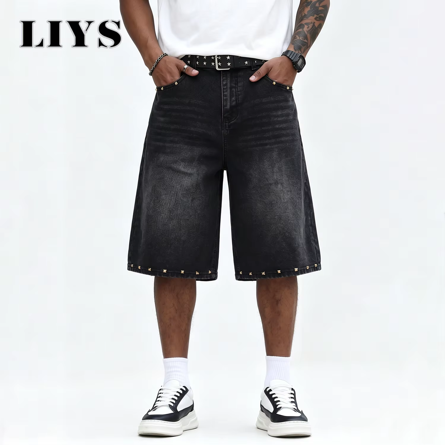 LIYS Jean Jorts Vintage Noir à Rivets Coupe Large pour Homme – Style Y2K Tendance, Pantalon Streetwe