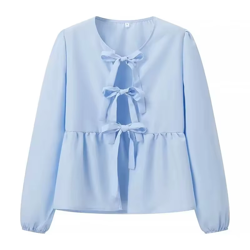 Chemisier Élégant HH pour Femme avec Nœud Papillon sur le Devant, Manches Bouffantes, Idéal Printemp
