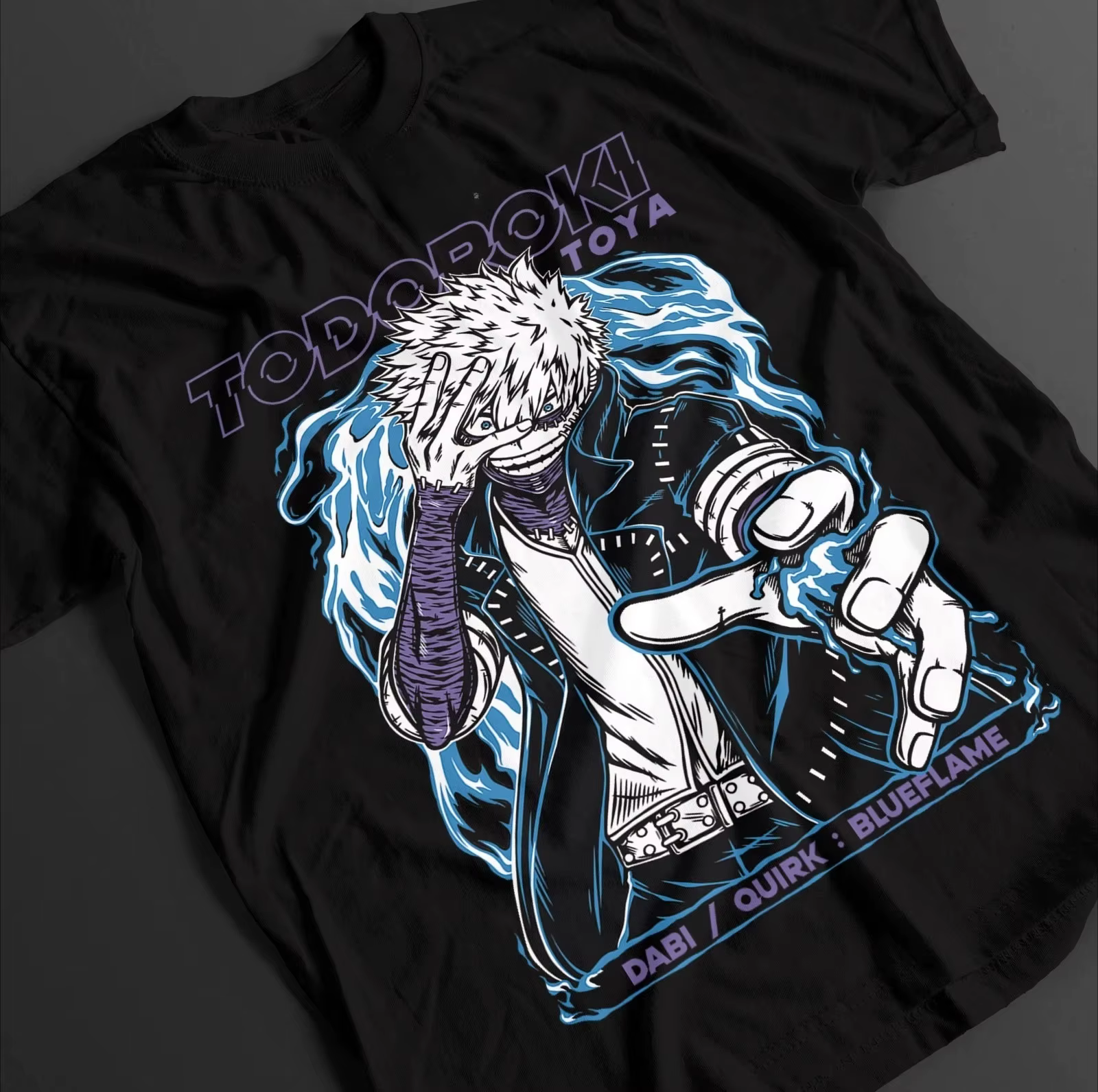 T-shirt imprimé sur le devant My Hero Academia Dabi Toya Todoroki pour homme, motif flamme bleue, te