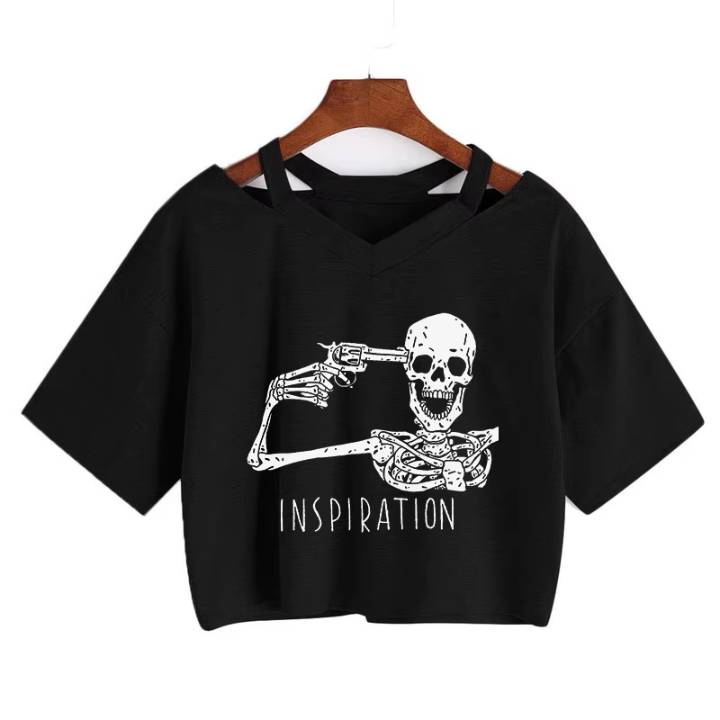 T-shirt d'inspiration crâne pour femmes, t-shirt punk crâne grunge d'été, col en V, manches courtes,
