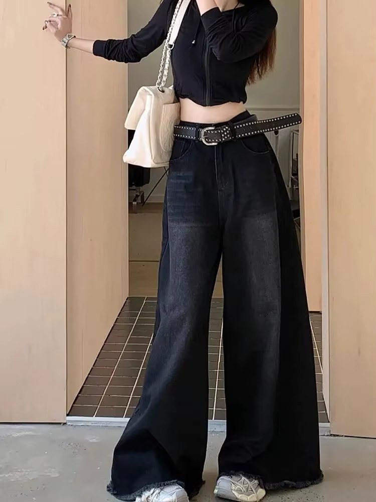 Jean élégant Chic américain Vintage noir à jambes larges pour femmes, taille haute, coupe ample, ami