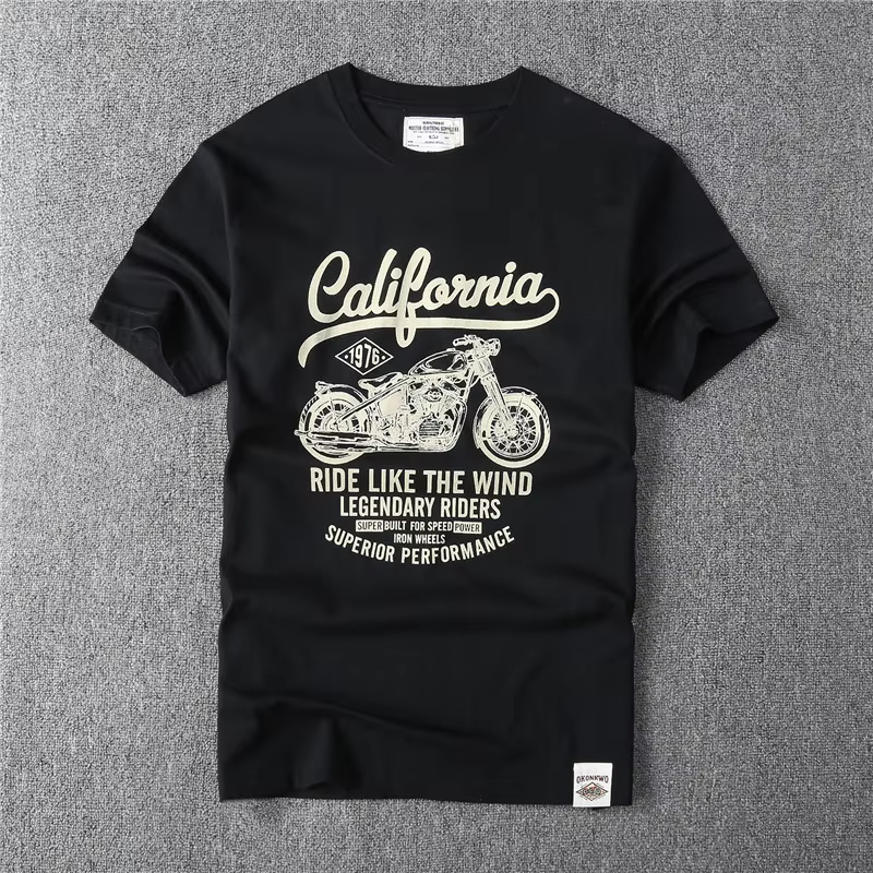 May kaki américain vintage lourd T-shirt double coton motard imprimé apprêt col rond T-shirt à manch