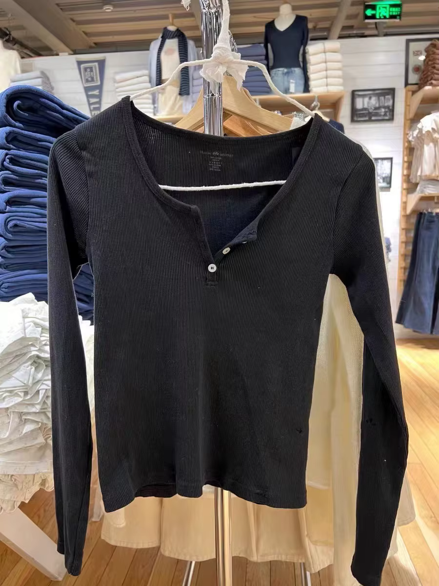 T-shirt à manches longues pour femmes, col rond, en coton doux, côtelé, boutons, Vintage, uni, Simpl