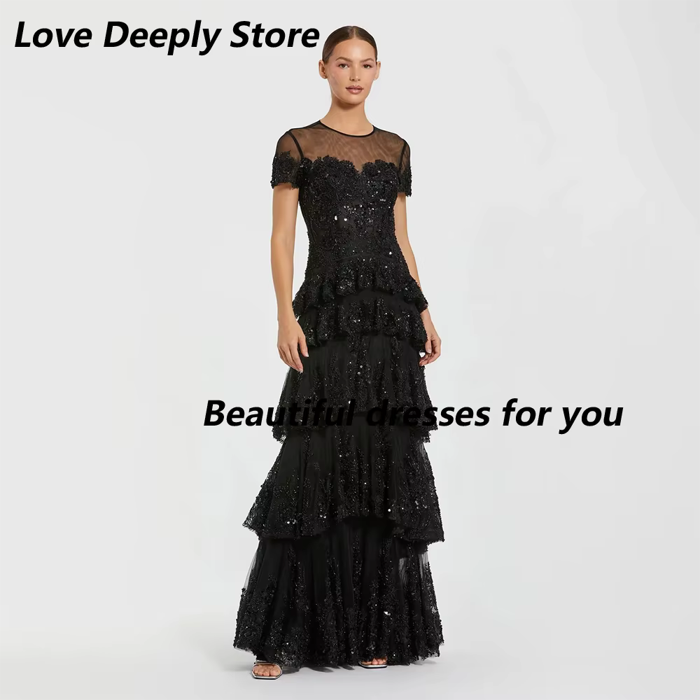Robe de soirée noire, col rond, ligne A, avec des appliques en dentelle, à plusieurs niveaux, manche