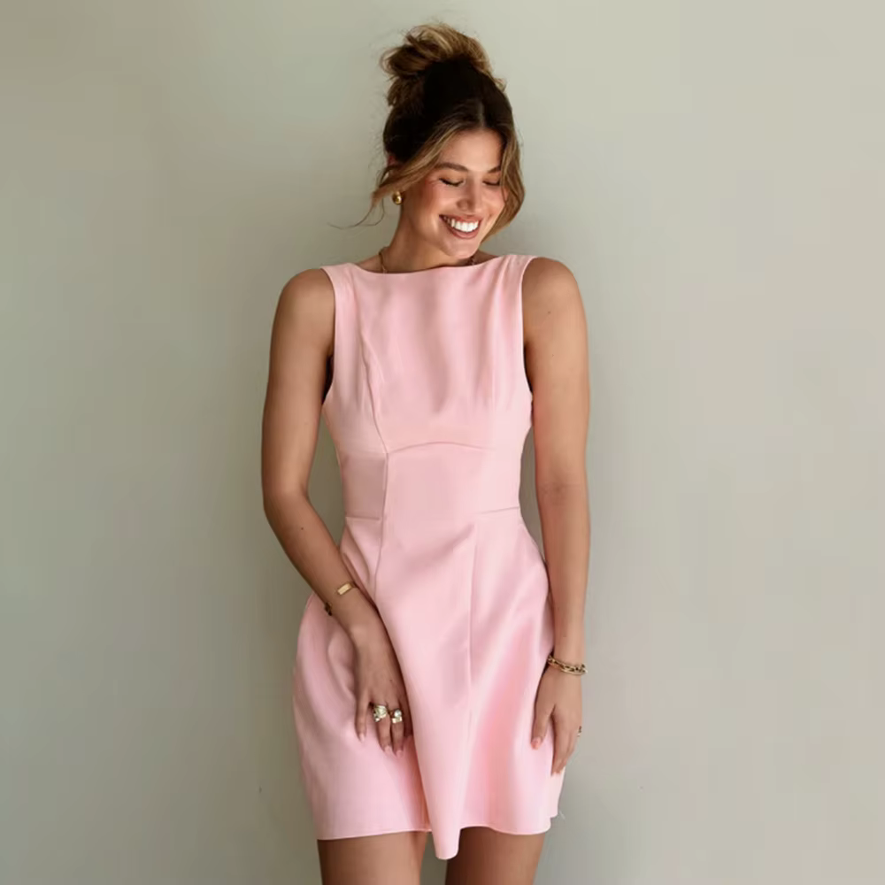 Robe sans manches 2026 Nouvelle collection été Couleur unie Col halter Jupe courte coupe trapèze