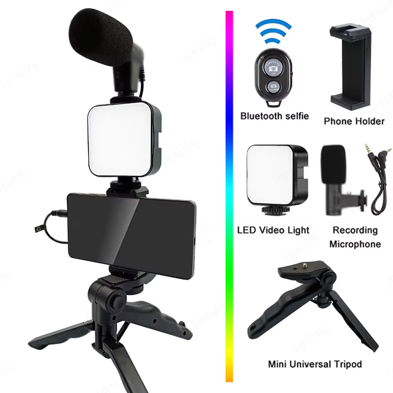 Support pour téléphone, éclairage de photographie, Kit vidéo pour Smartphone, Microphone LED, trépie
