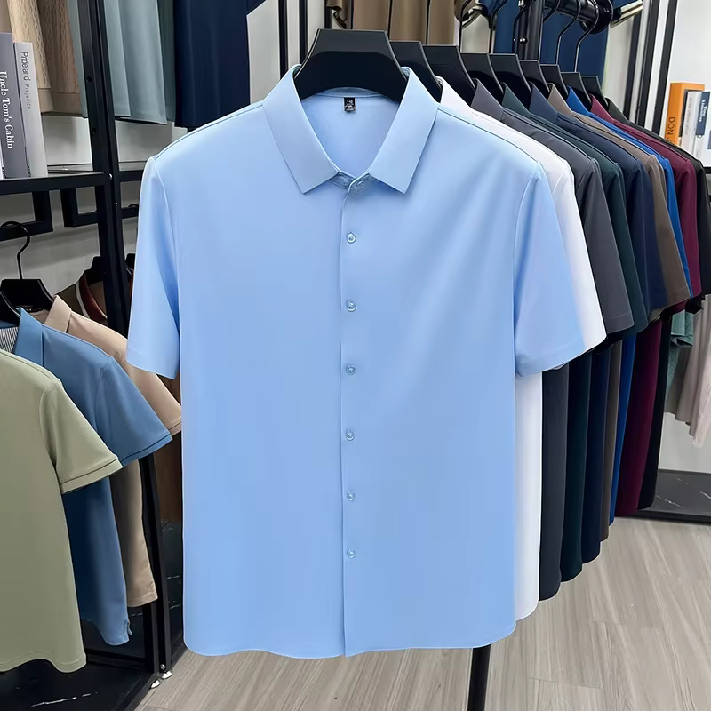 Chemise de bureau pour homme, coupe ajustée, sans repassage, en soie glacée, anti-humidité, texture 