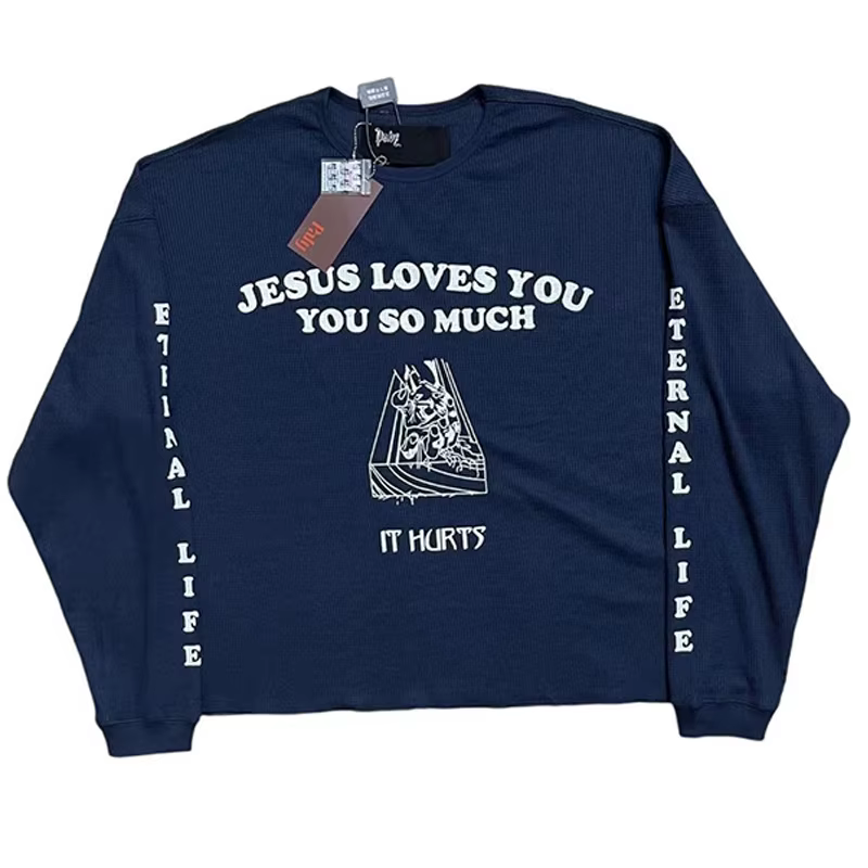 T-shirt à manches longues en tissu gaufré bleu foncé pour homme et femme, délavé, effet vieilli, qua