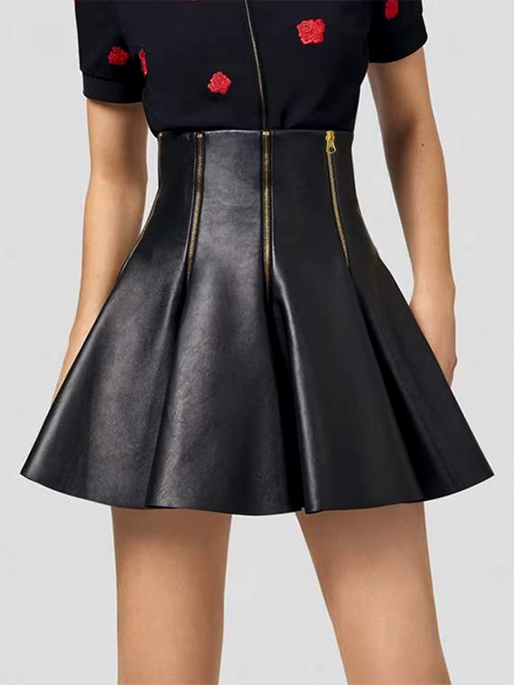 Lautaro-Mini Jupe Trapèze en Faux Cuir Noir Souple pour Femme, Streetwear de Luxe avec Fermeture Écl