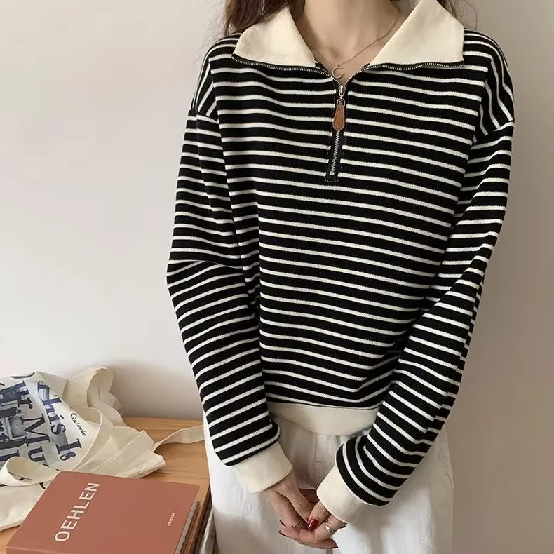Sweat-shirt à col Polo pour femmes, petite veste courte rayée à manches longues, pull tendance, auto