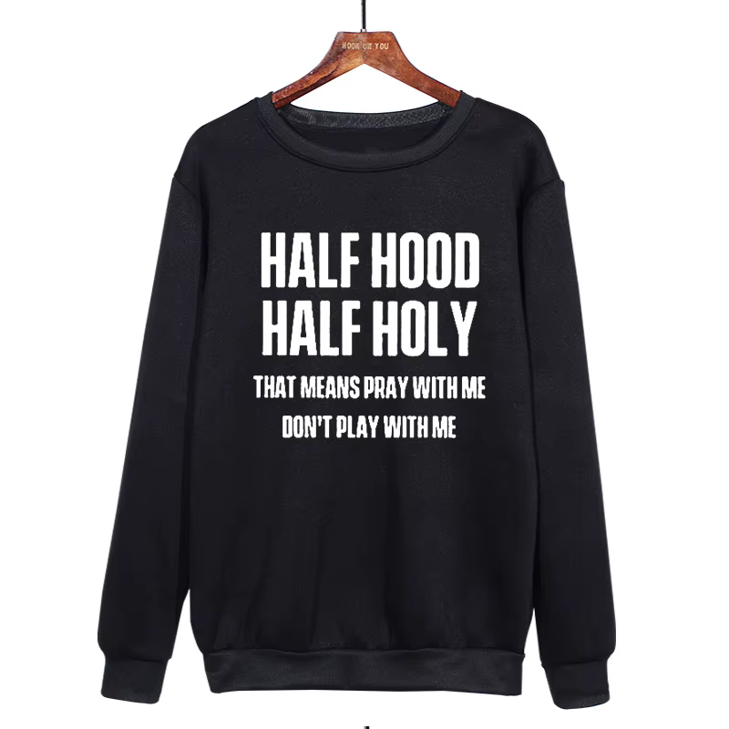 Sweat à capuche col rond pour femme, demi-capuche, demi-lettre sainte, décontracté, grande taille, e