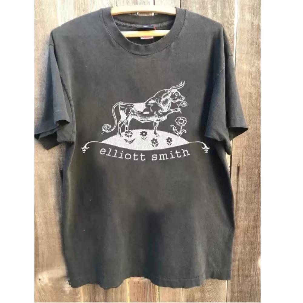 T-shirt commémoratif de la tournée Elliott Smith "Bull", gris anthracite, coupe ample, t-shirts grap