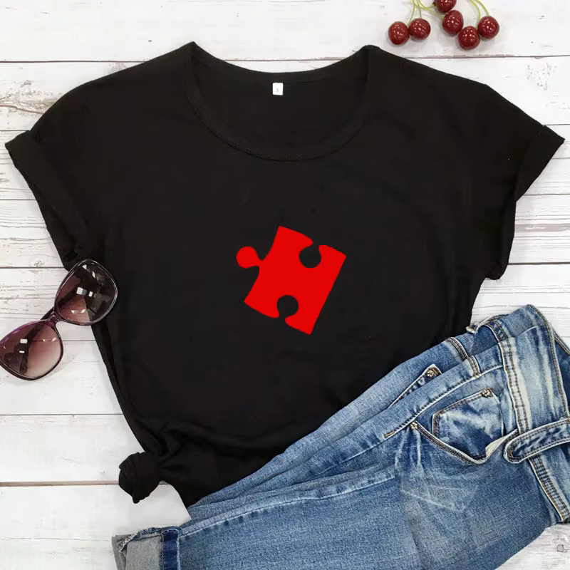 Puzzle coeur rouge imprimé Couple t-shirt amoureux à manches courtes col rond t-shirt ample mode fem